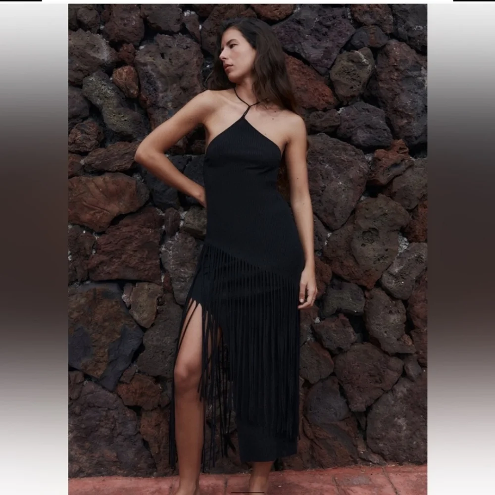 NWT ZARA * FRINGE RIBBED TOP BLACK - Picture 9 of 12